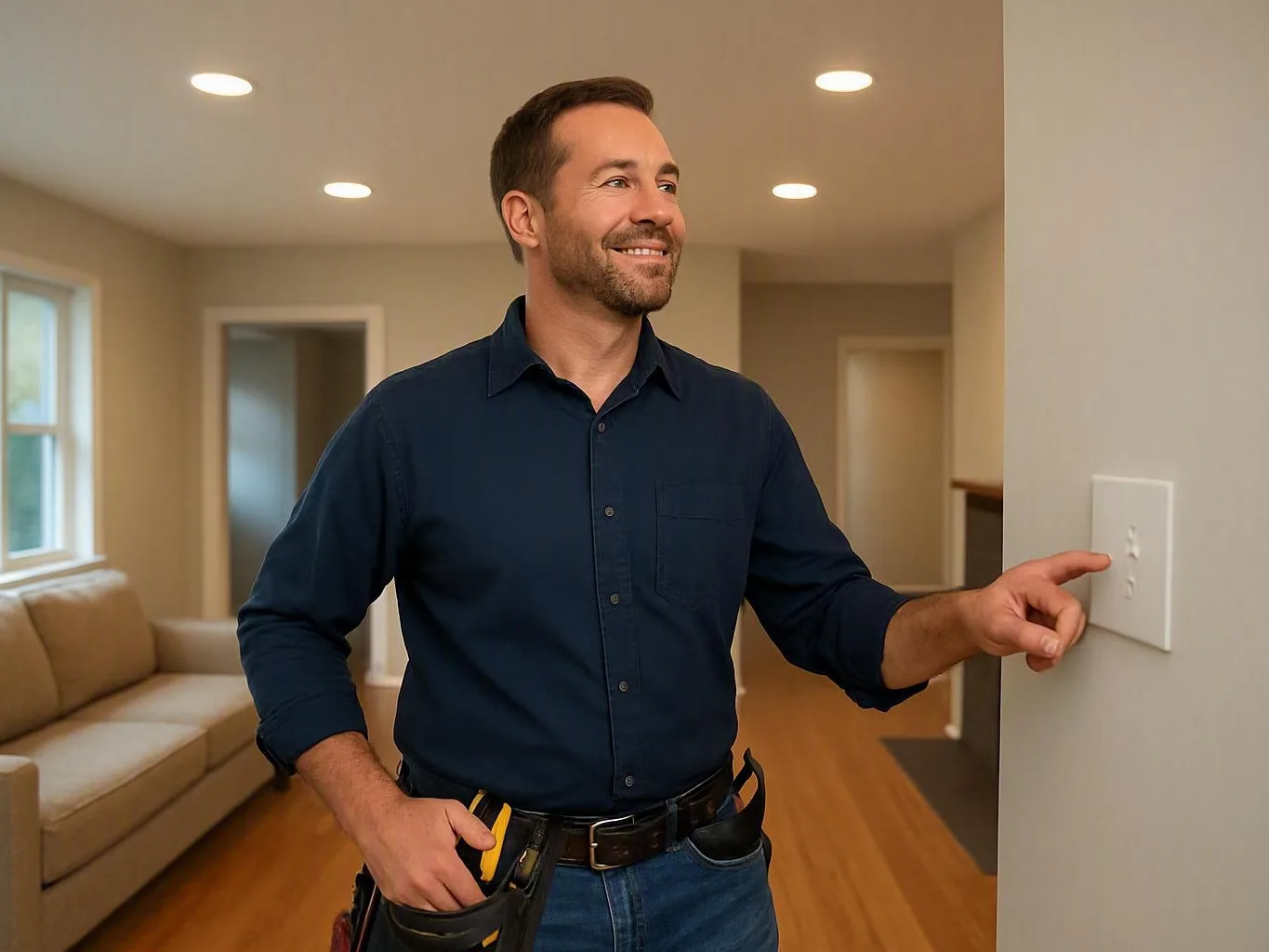 Smiling man pointing to a wall switch in a bright living room