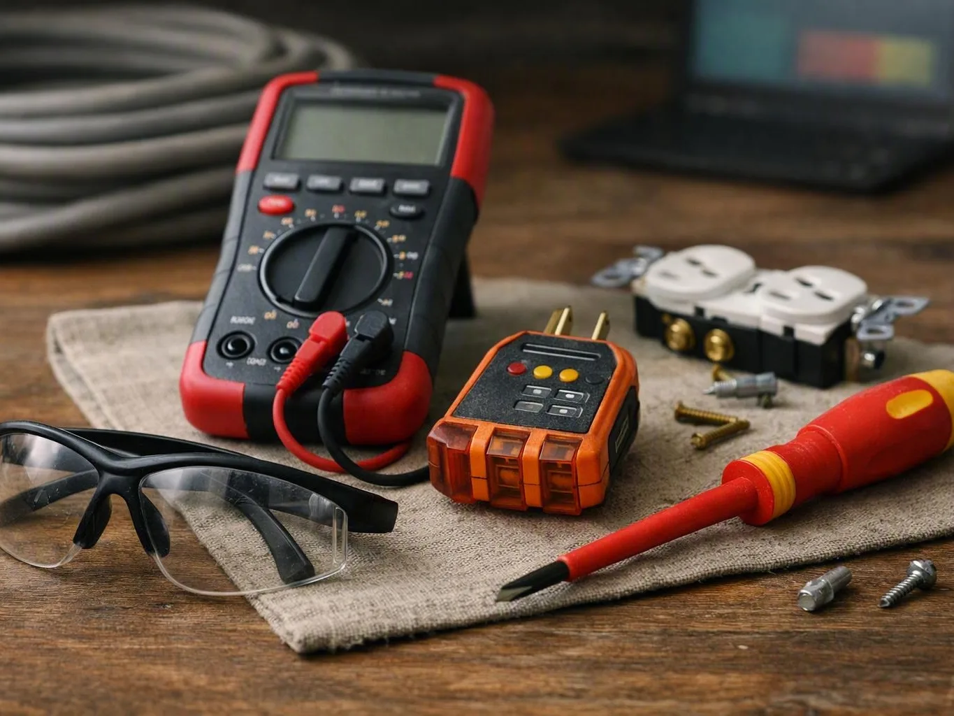 Digital multimeter, electrical outlet, safety glasses, and screwdrivers on a