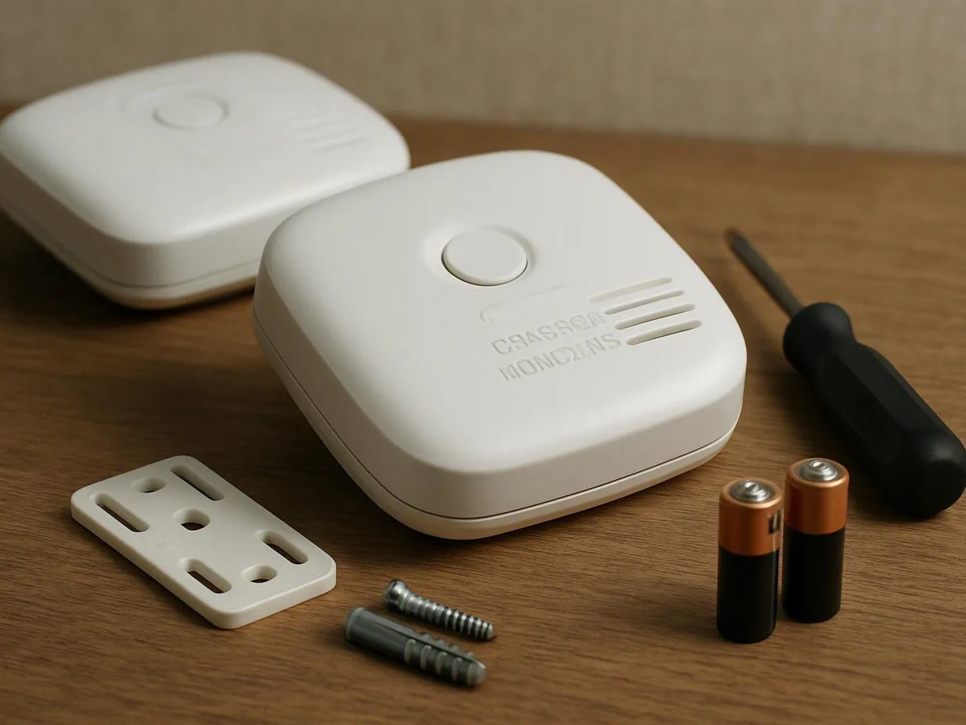 Two white alarm devices, tools, batteries, and mounting hardware on a wooden