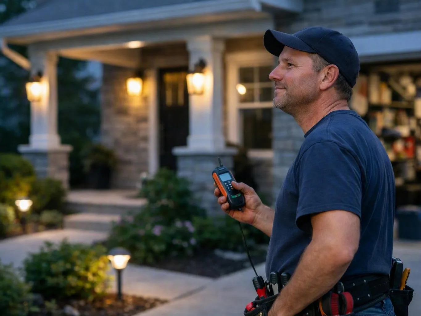 Man in a navy cap holding a handheld radio outside a lit house at dusk