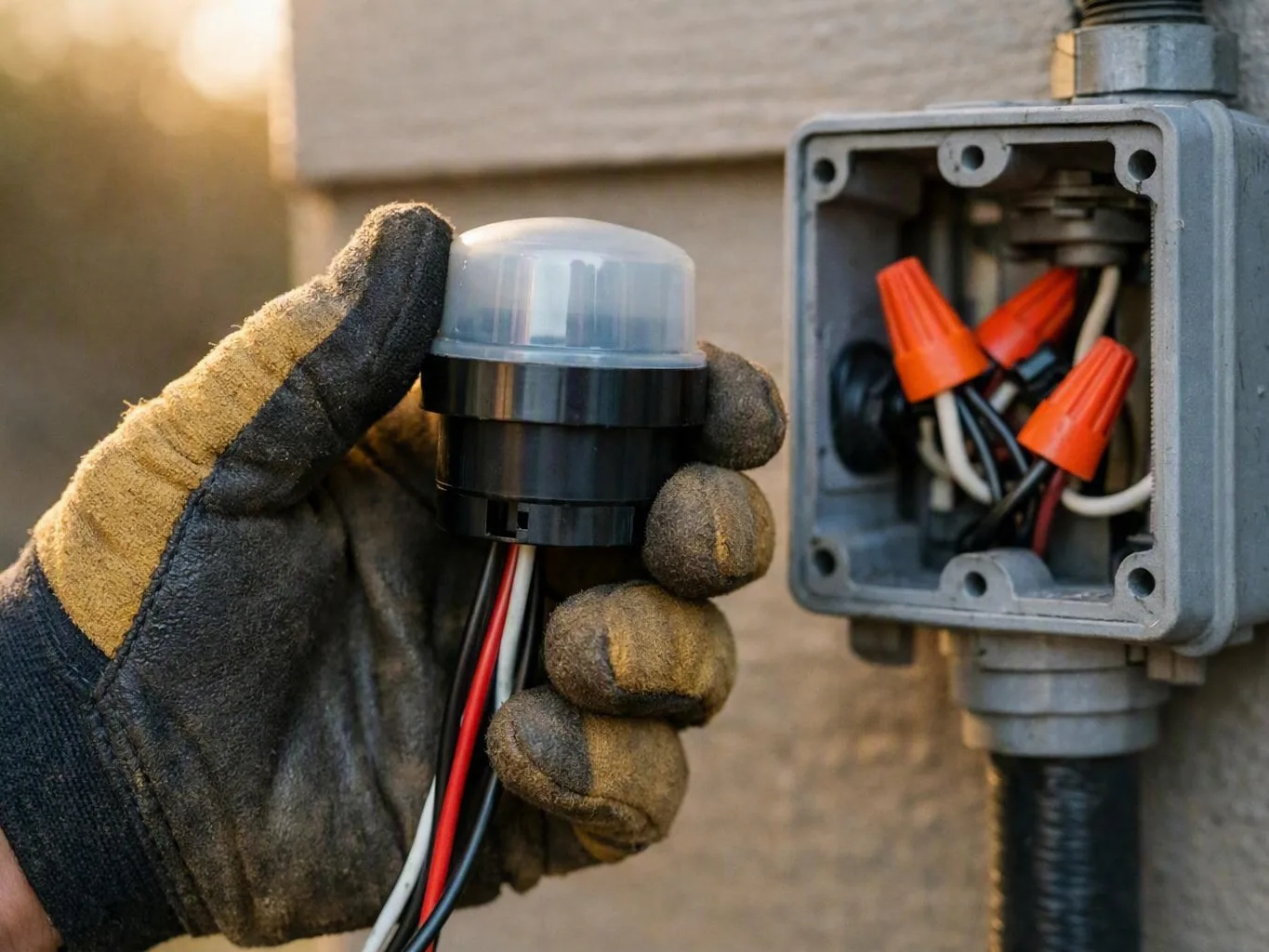 Gloved hand holding a wired sensor beside an open junction box with orange wire