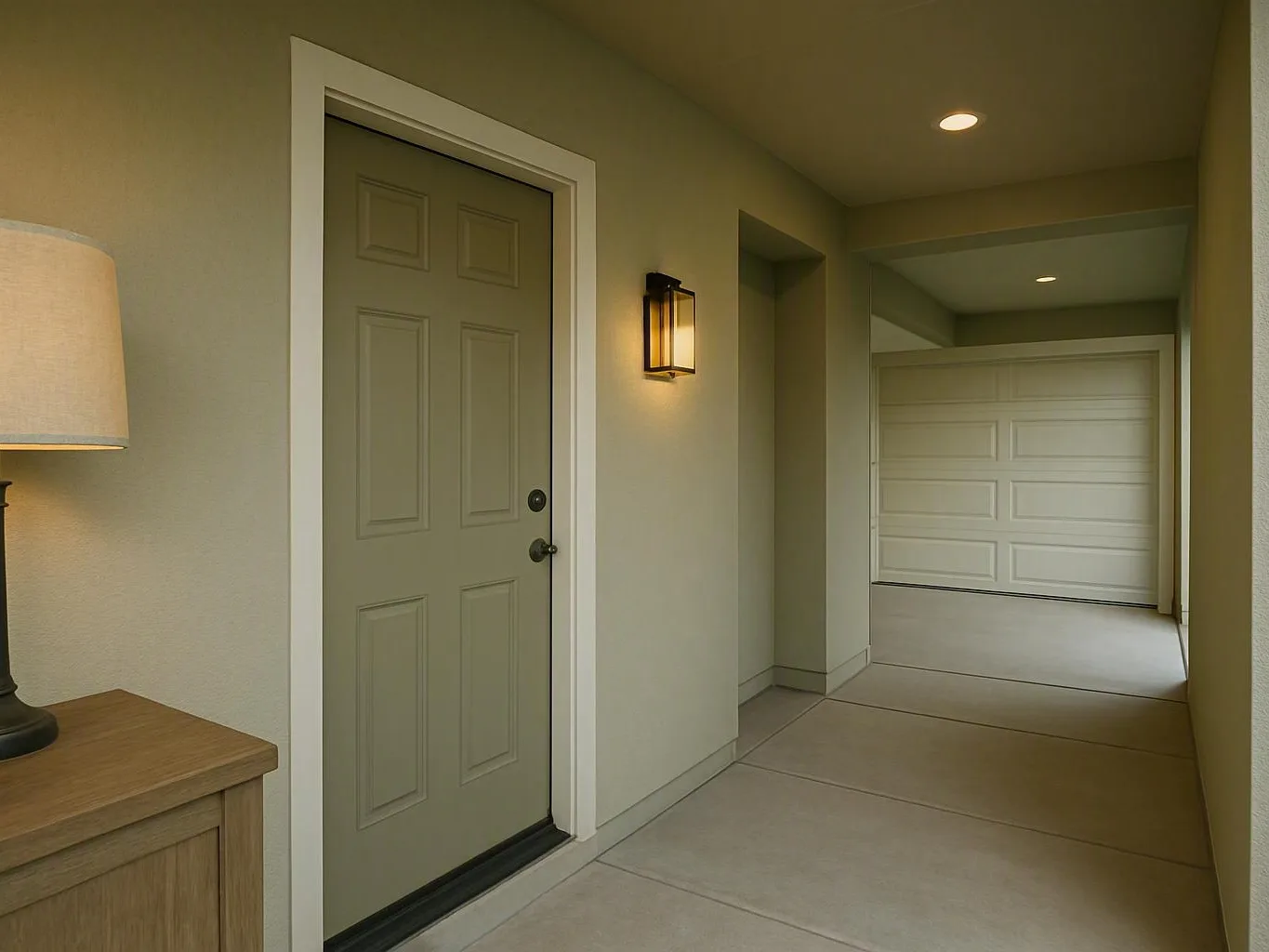 Beige entry hallway with a closed front door, lamps, and garage door