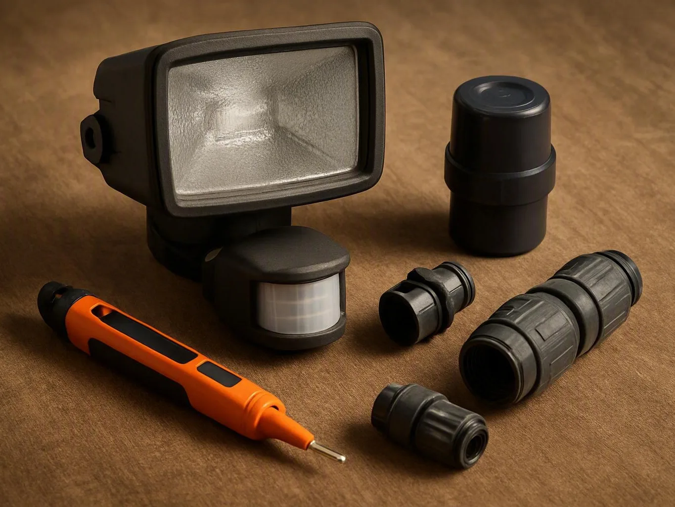 Camera accessories and an orange test light arranged on a brown surface