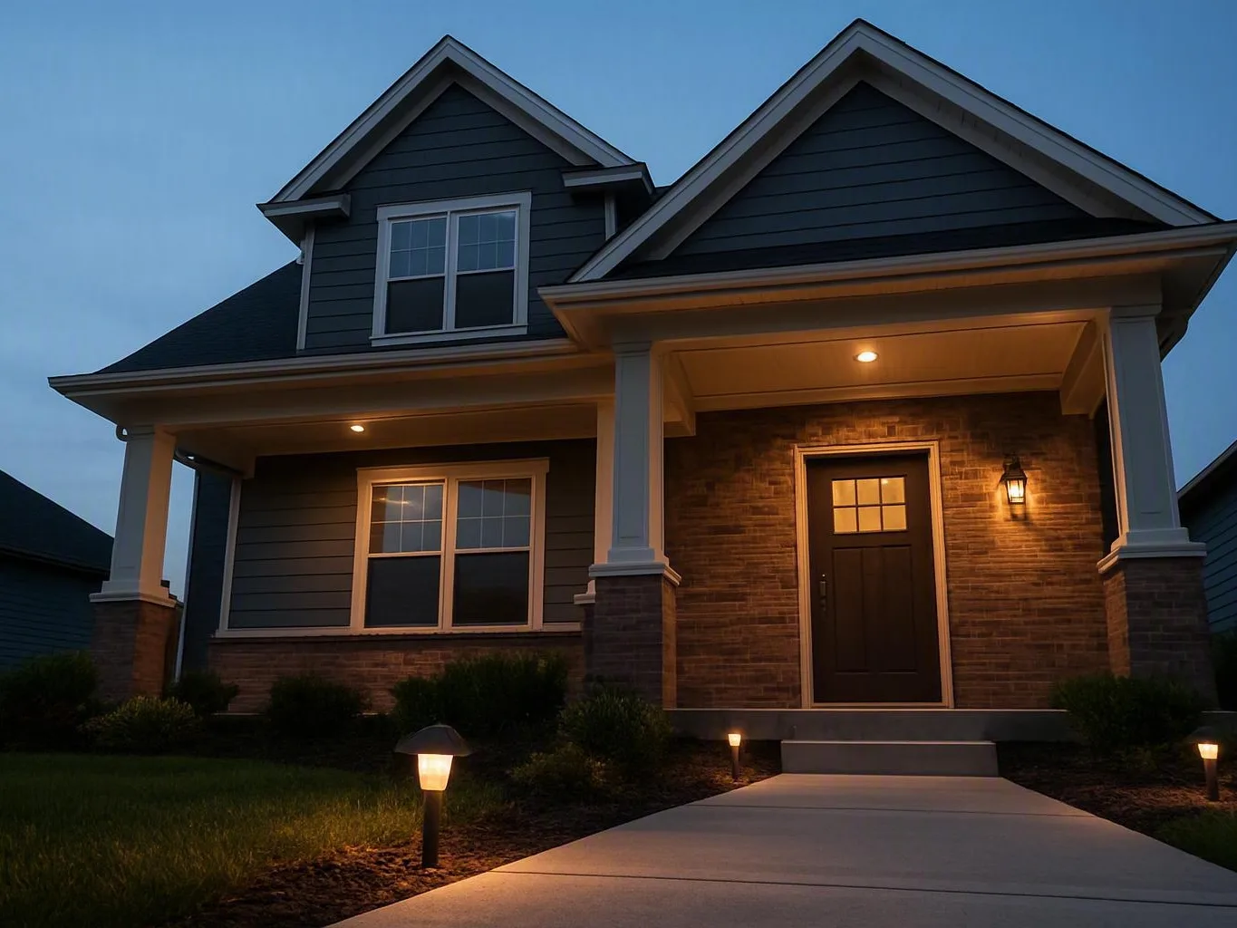 Lit suburban house with a front porch, brick exterior, and walkway lights at