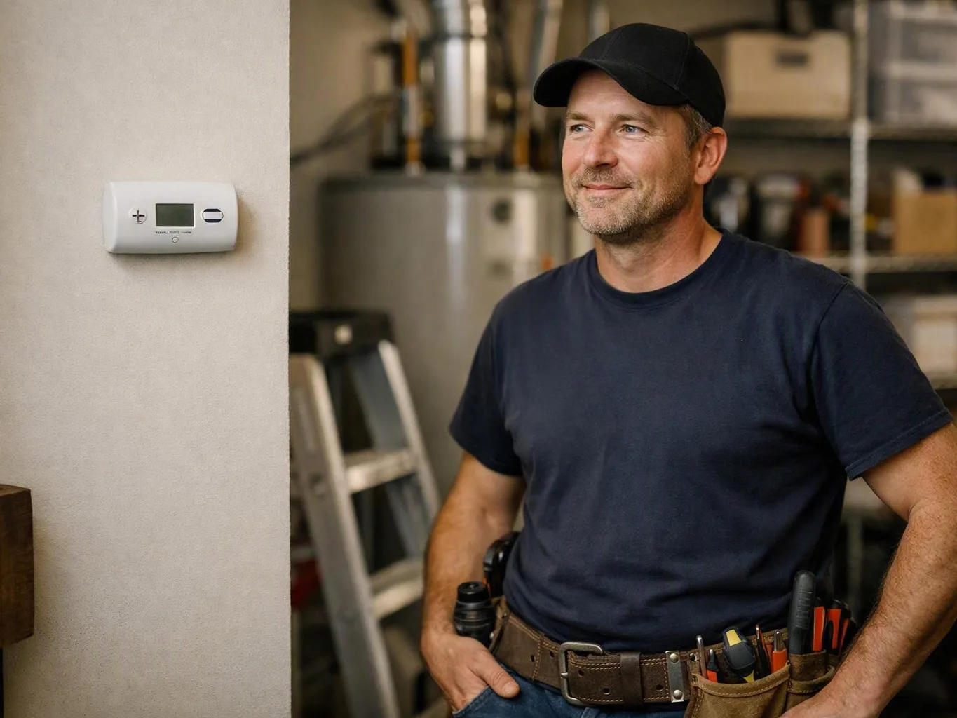 Smiling man in a workshop beside a wall thermostat and ladder