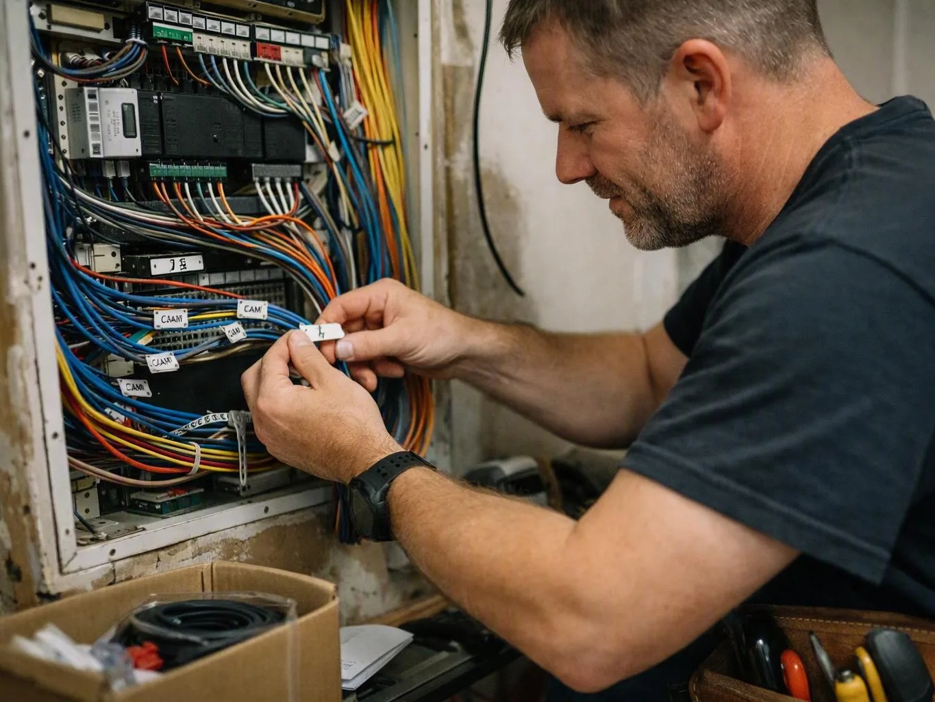 Electrician labeling colorful wires inside an open electrical control panel in
