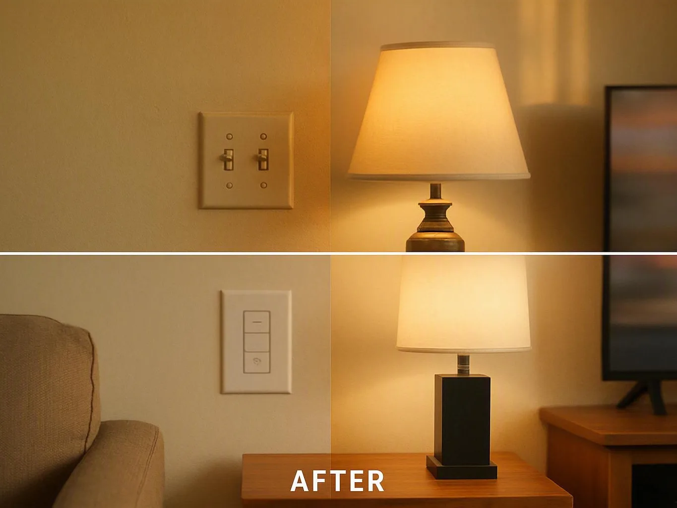 Split image showing a wall light switch before and after beside a glowing table