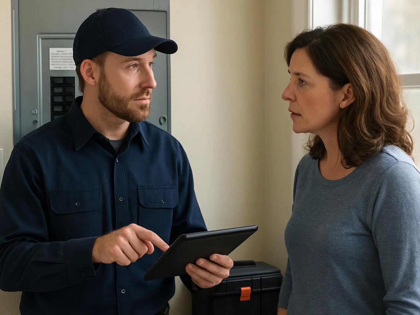 Electrician showing a tablet to a woman beside a gray electrical panel
