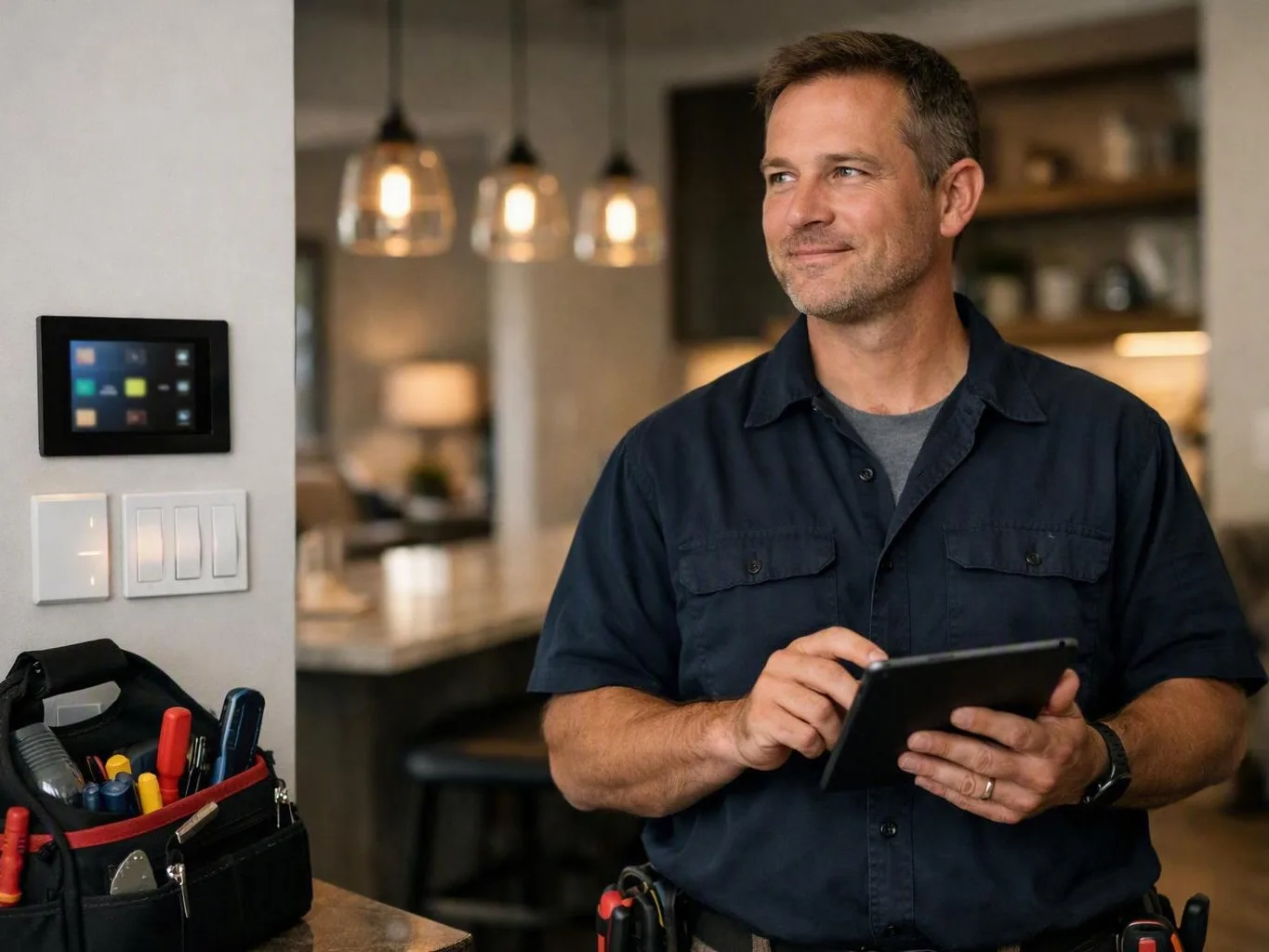 Smiling technician holding a tablet beside a wall control panel and tool bag in