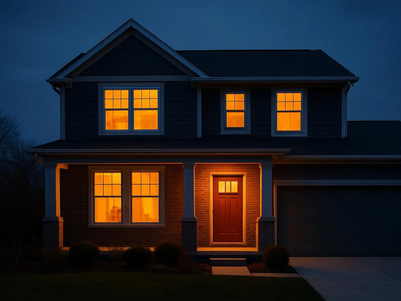 Two-story house at dusk with warm light glowing through windows and the front