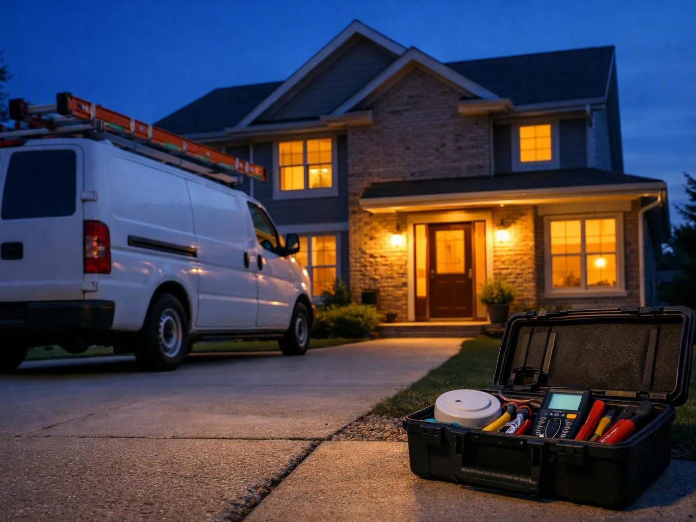 White utility van parked beside a lit house with an open tool case