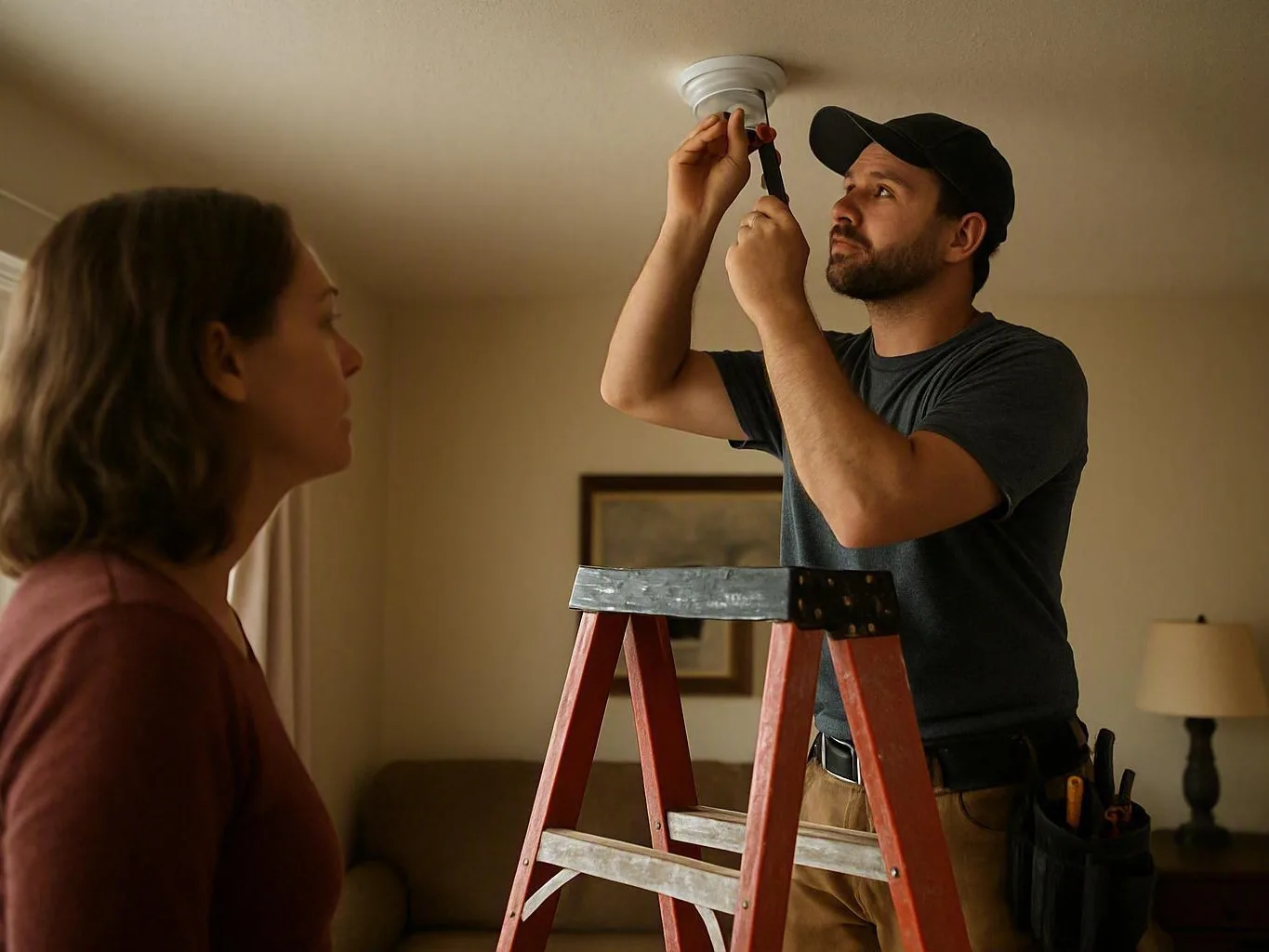 Man tightening a ceiling fixture while a woman watches in a living room