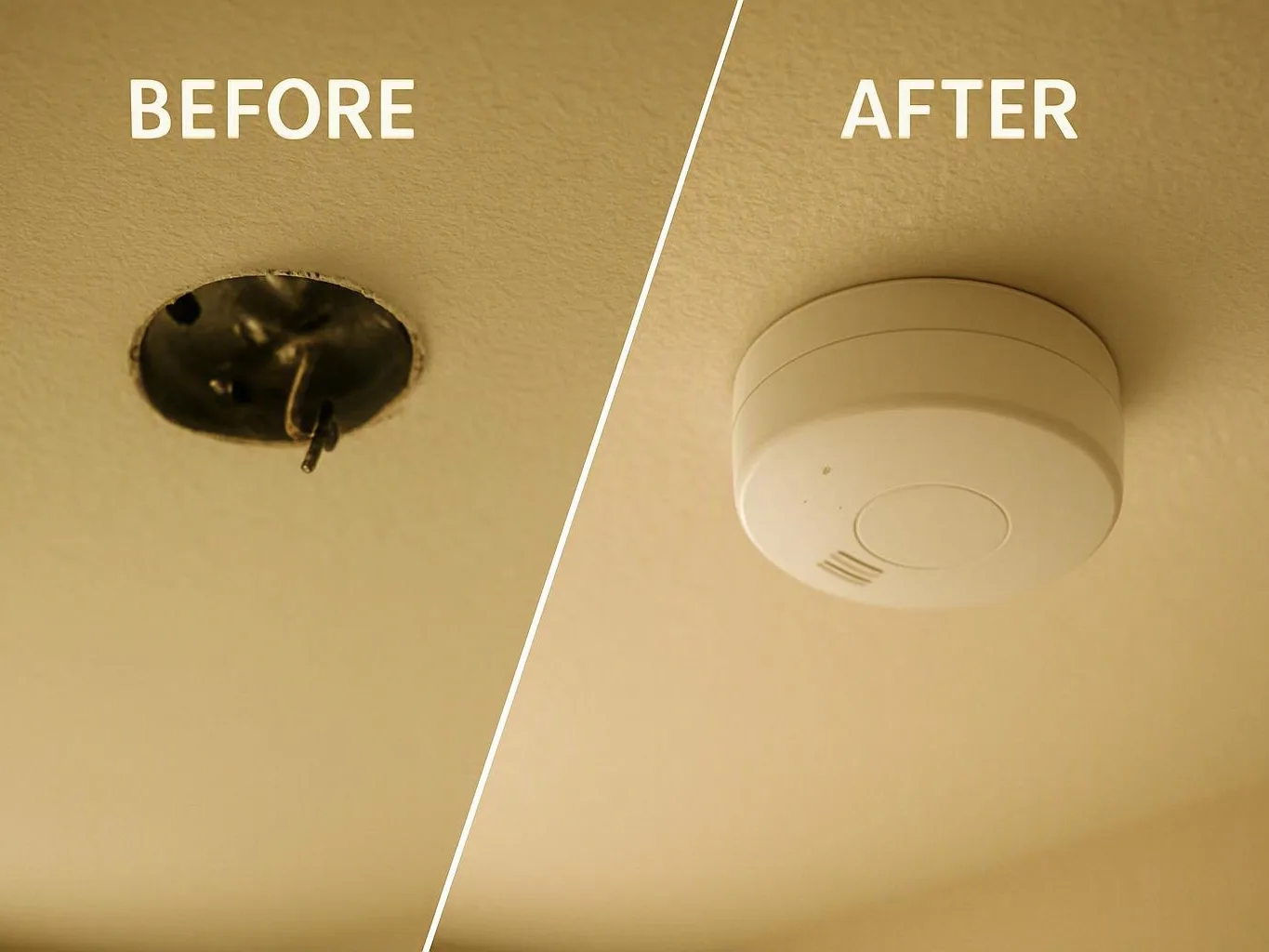 Before-and-after comparison showing an open ceiling hole and installed white