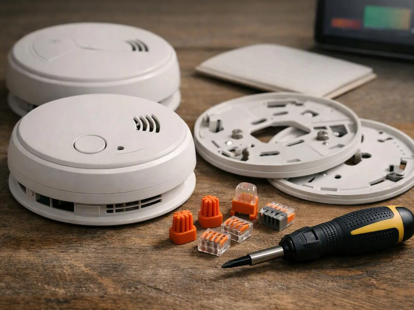 Smoke detectors, mounting plates, wire connectors, and screwdriver arranged on