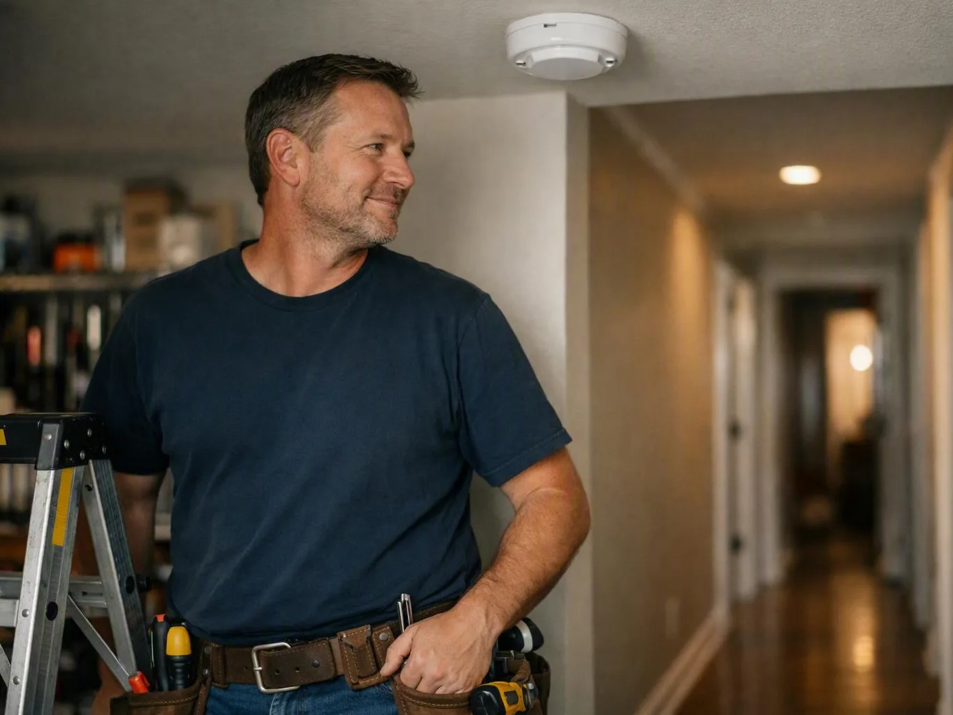 Electrician wearing a tool belt standing beside a ladder in a hallway