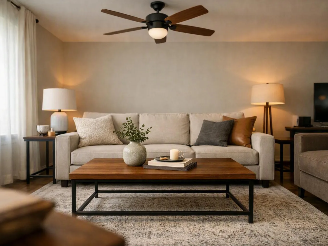 Beige living room with a sofa, wooden coffee table, lamps, and ceiling fan
