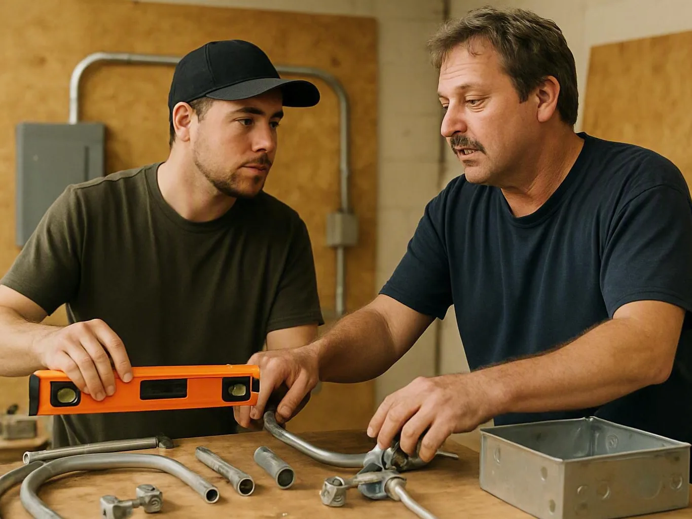 Two workers measure bent metal conduit with an orange level at a workshop