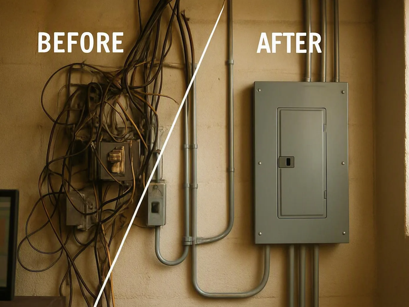 Tangled electrical wires beside a neat gray breaker panel illustrate organized