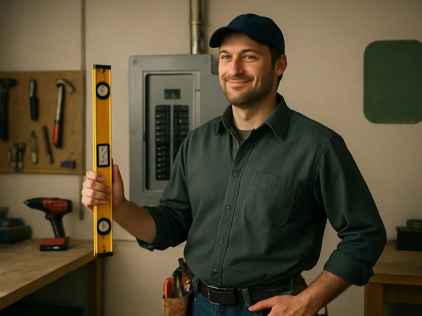 Smiling technician holds a yellow level beside tools and an electrical panel in
