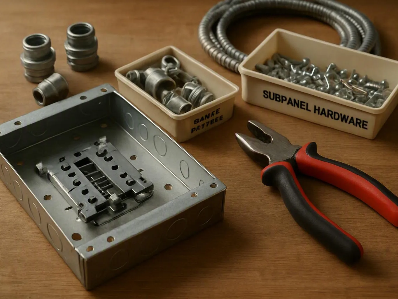 Electrical box, conduit fittings, screws, flexible tubing, and pliers arranged