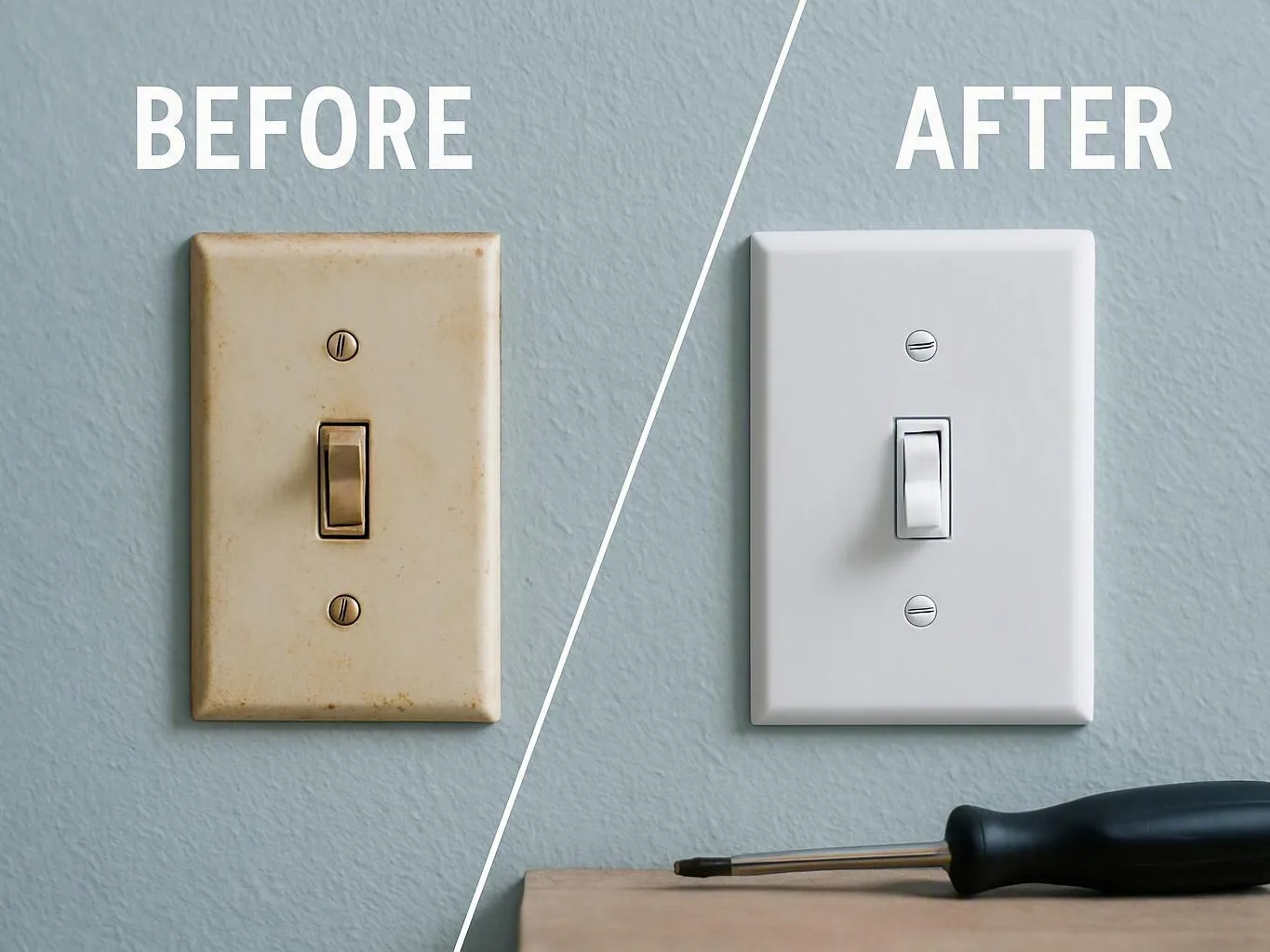 Side-by-side comparison of a stained beige wall switch and a clean white
