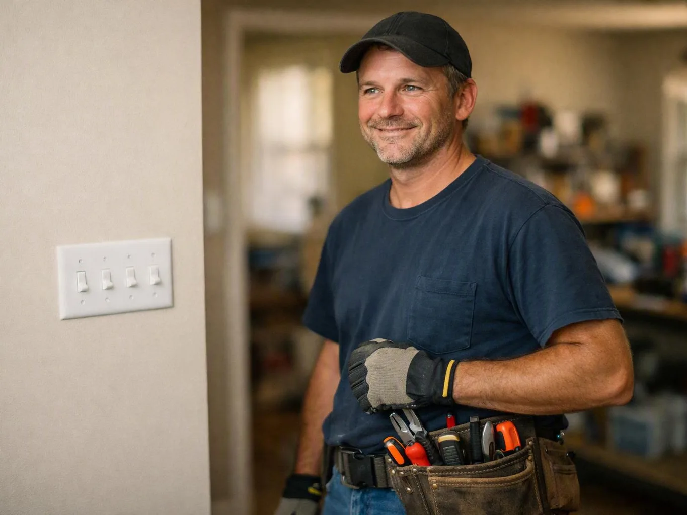 Smiling technician in cap and gloves standing indoors beside a wall light switch