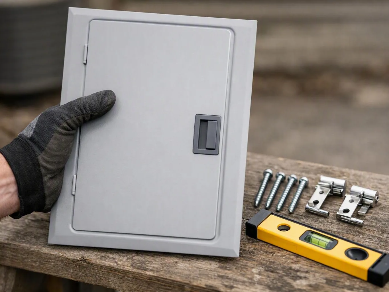 Gloved hand holds a gray electrical panel door beside screws, hinges, and a