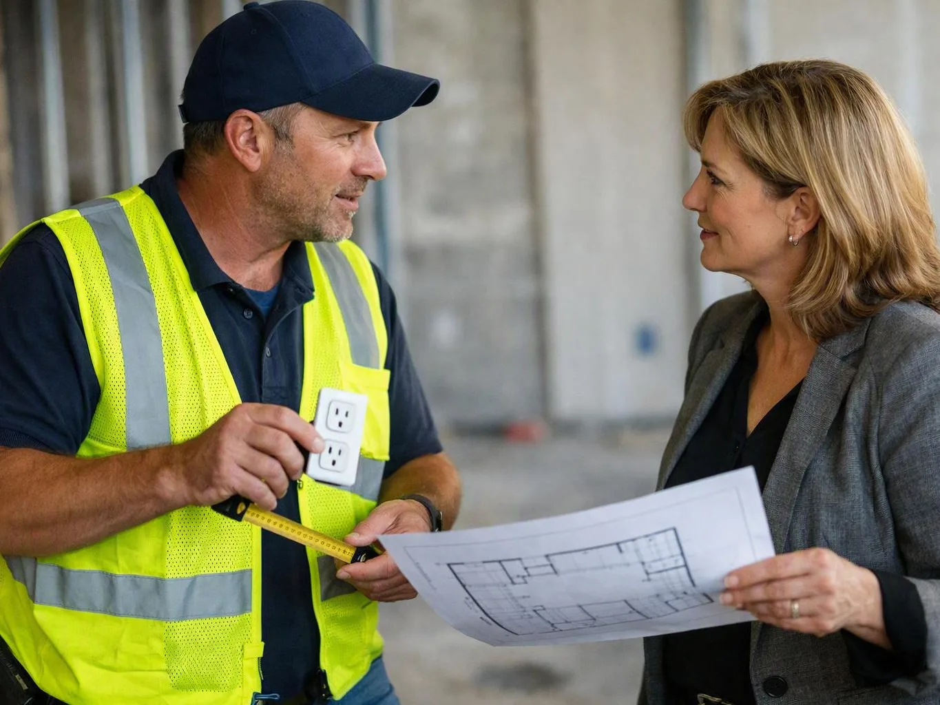 Worker shows a tape measure and outlet plate to a woman reviewing blueprints at