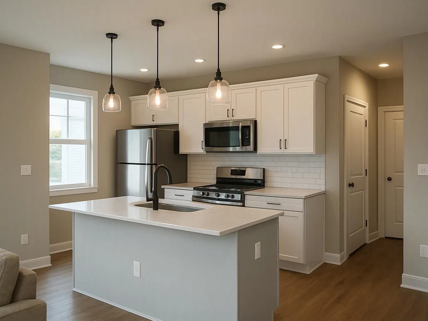 Bright modern kitchen with white cabinets, stainless appliances, island, and