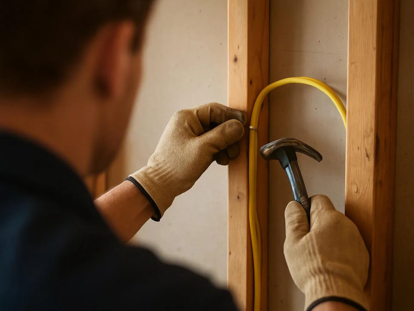 Electrician checking an outlet beside a kitchen counter