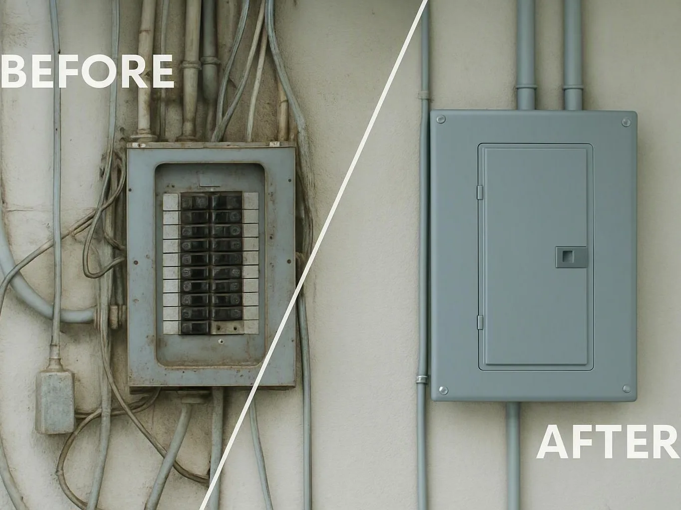 Before-and-after electrical panels show an exposed panel replaced by a clean