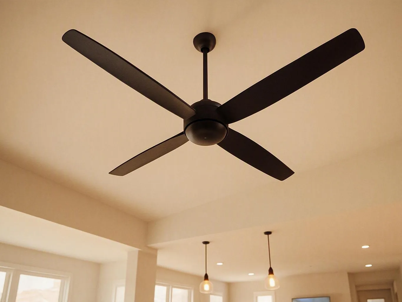 Black ceiling fan hanging in a beige room with pendant lights and bright windows
