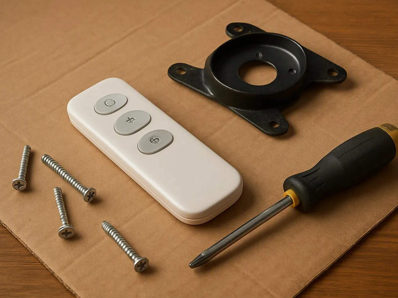 White remote, metal mount, screws, and screwdriver arranged on cardboard over a