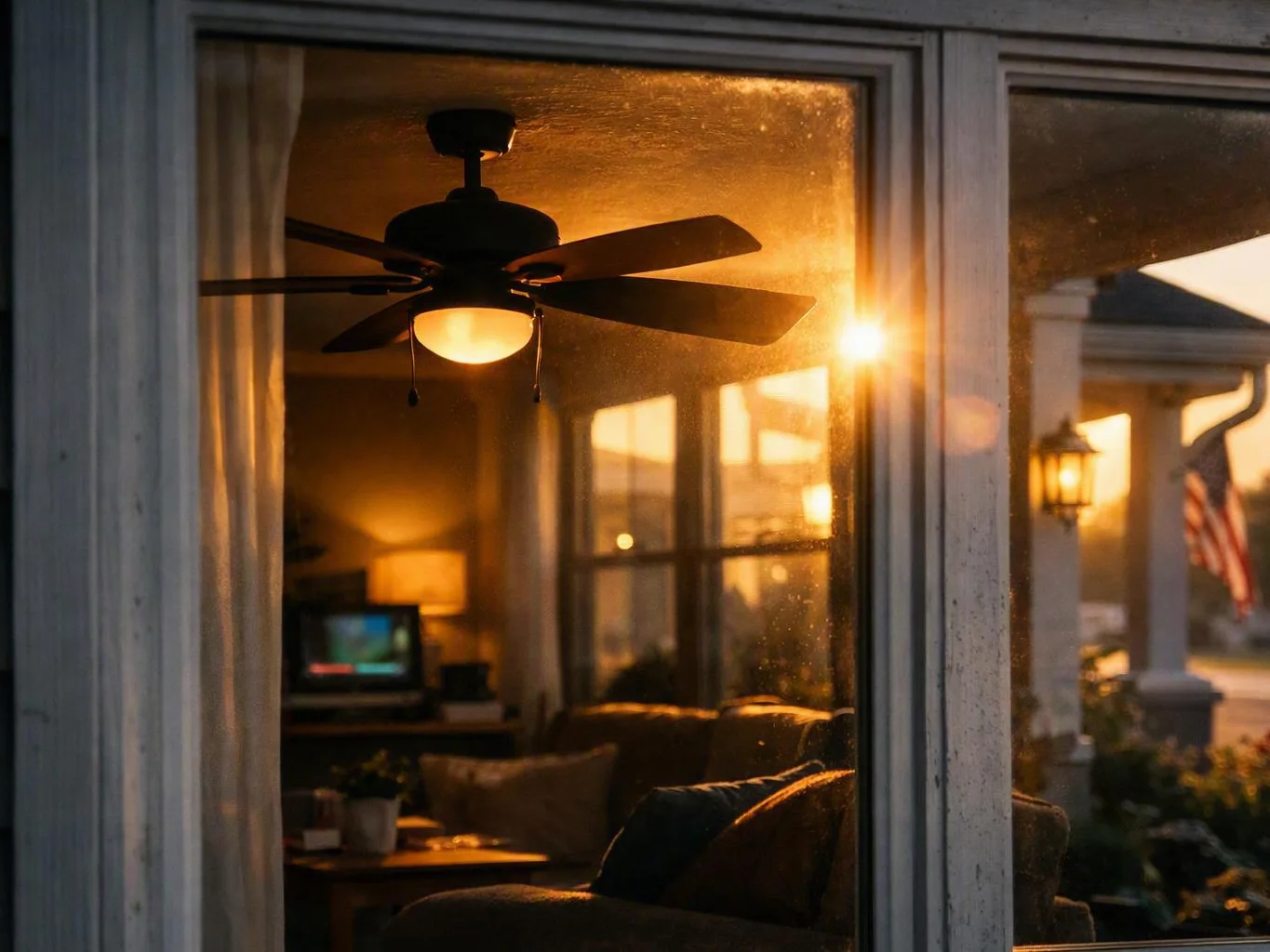 Sunlight shines through a window onto a ceiling fan and warm living room