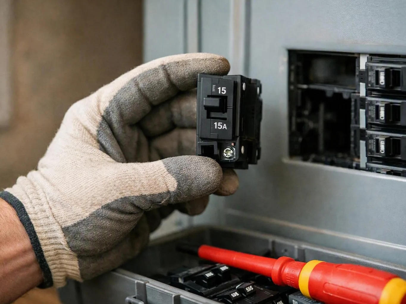 Gloved hand holding a 15 amp breaker near an open electrical panel and