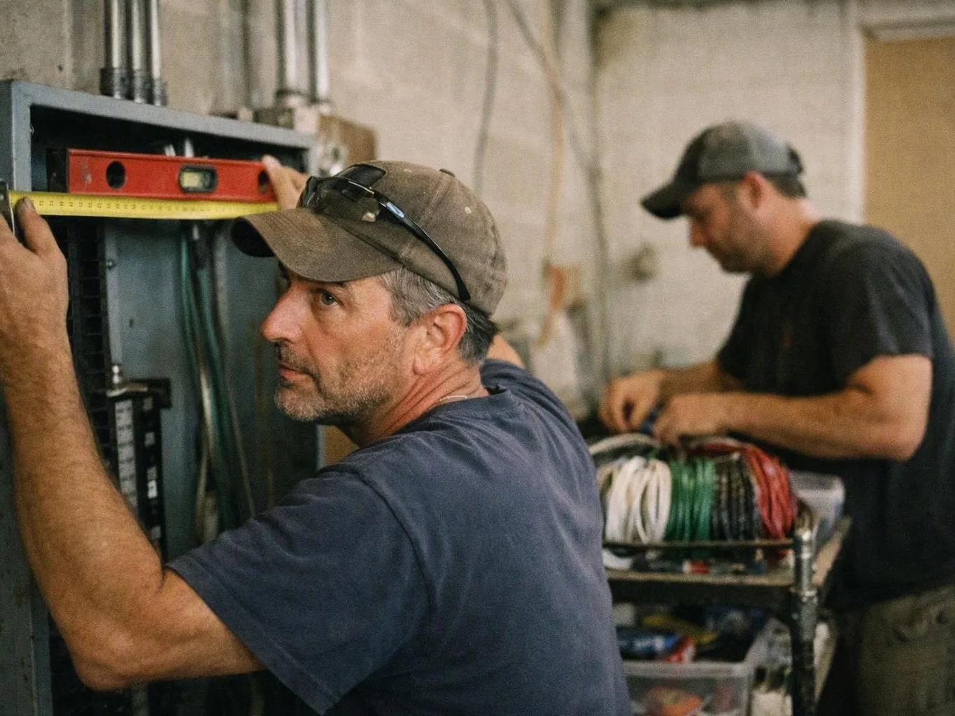 Two workers measure a metal cabinet and organize coiled wires in a utility room