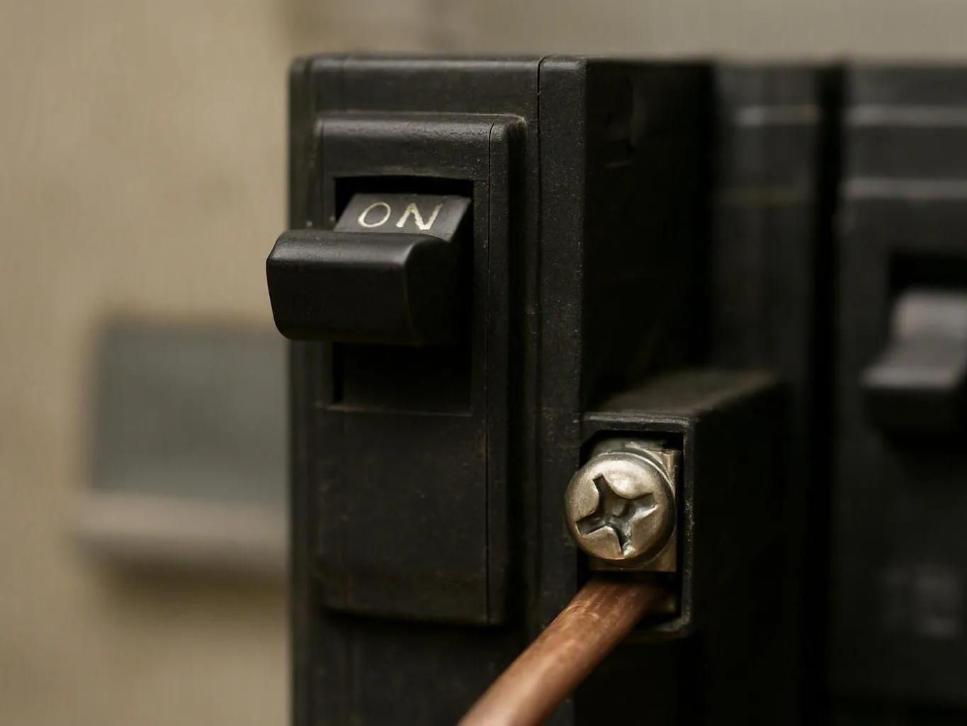 Close-up of a black electrical switch marked on beside copper wire and screw