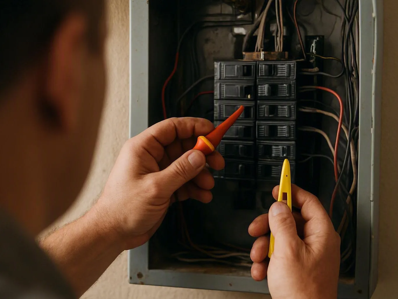 Electrician preparing safe electrical connections for a residential heat pump