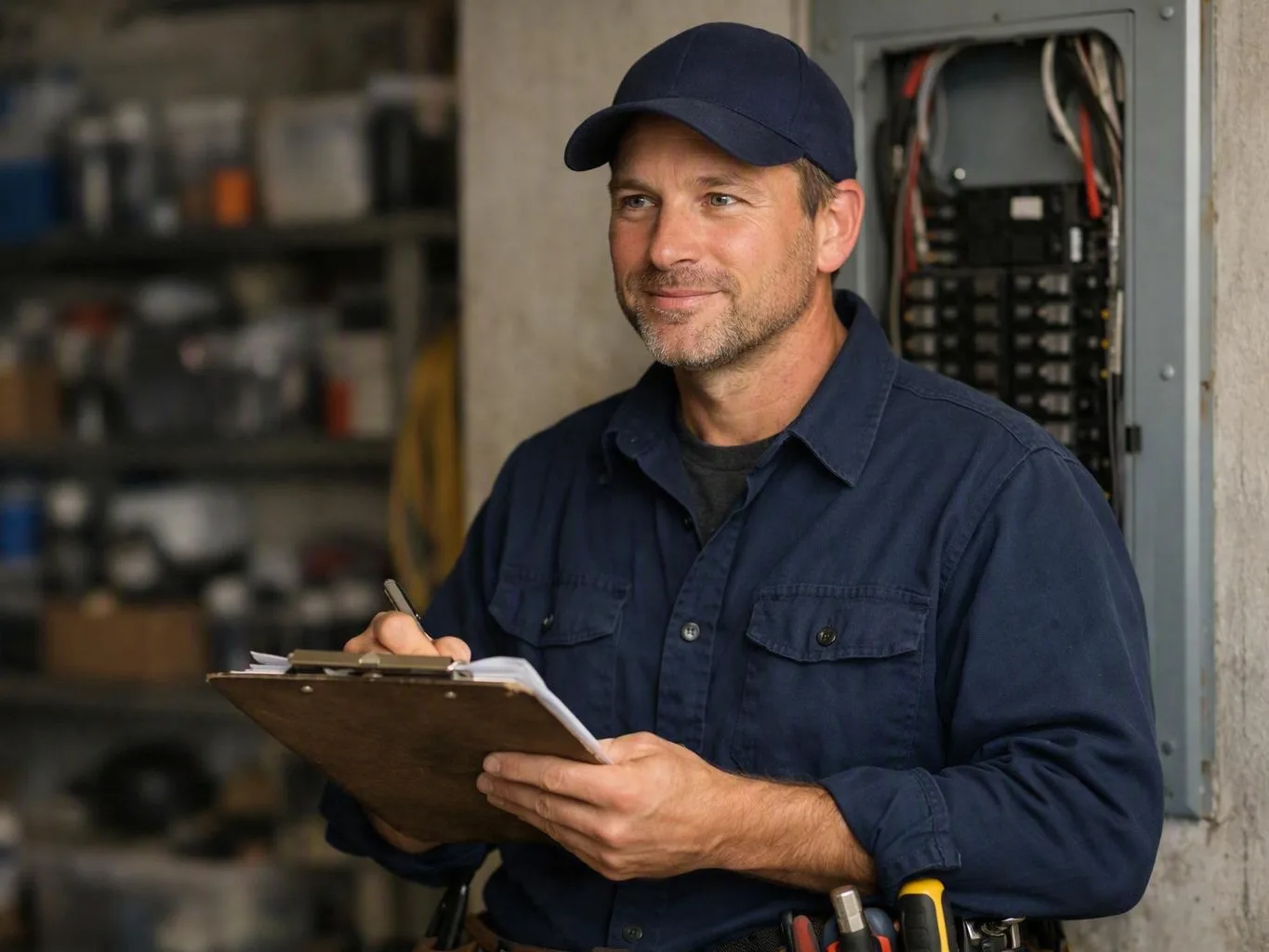 Worker in a navy uniform writing on a clipboard beside an open electrical panel