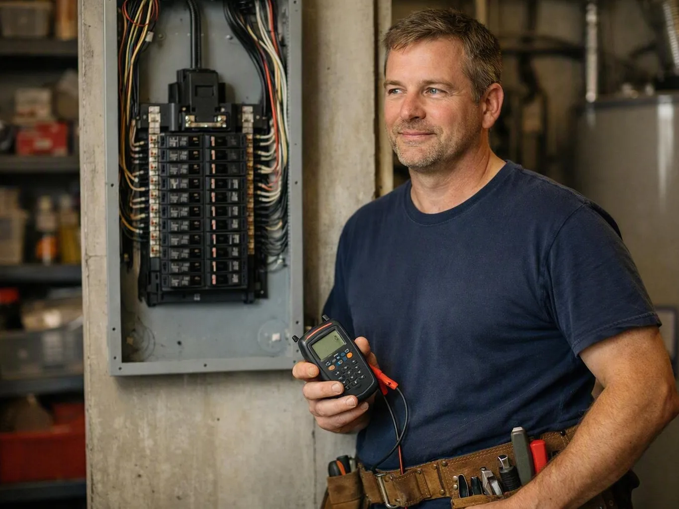 Electrician tests an open breaker panel with a meter in a basement workshop