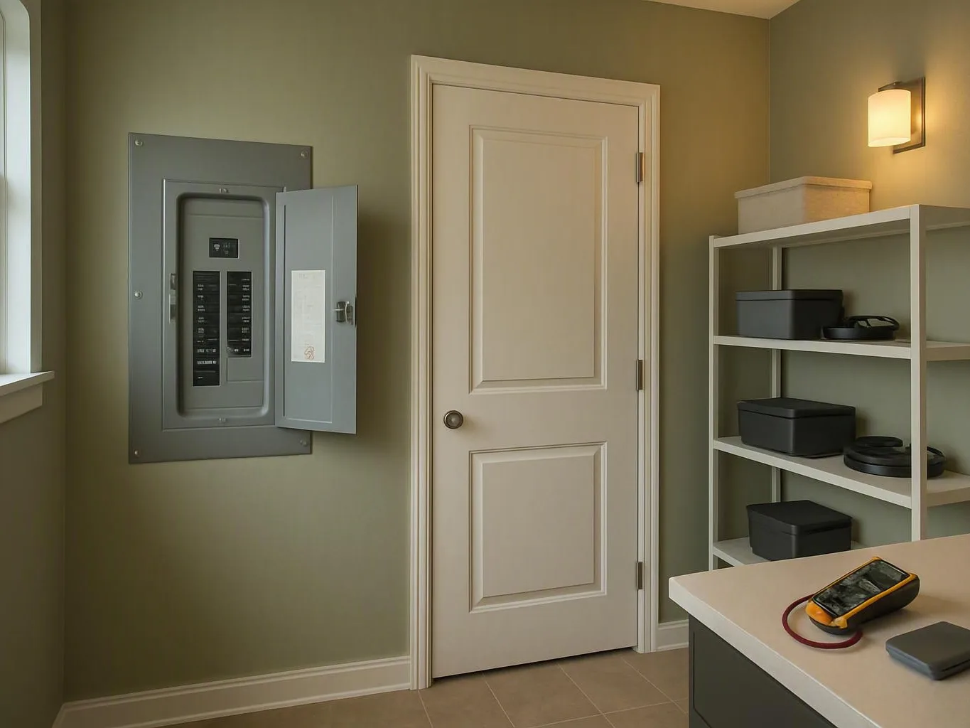 Small utility room with open electrical panel, shelves, white door, and