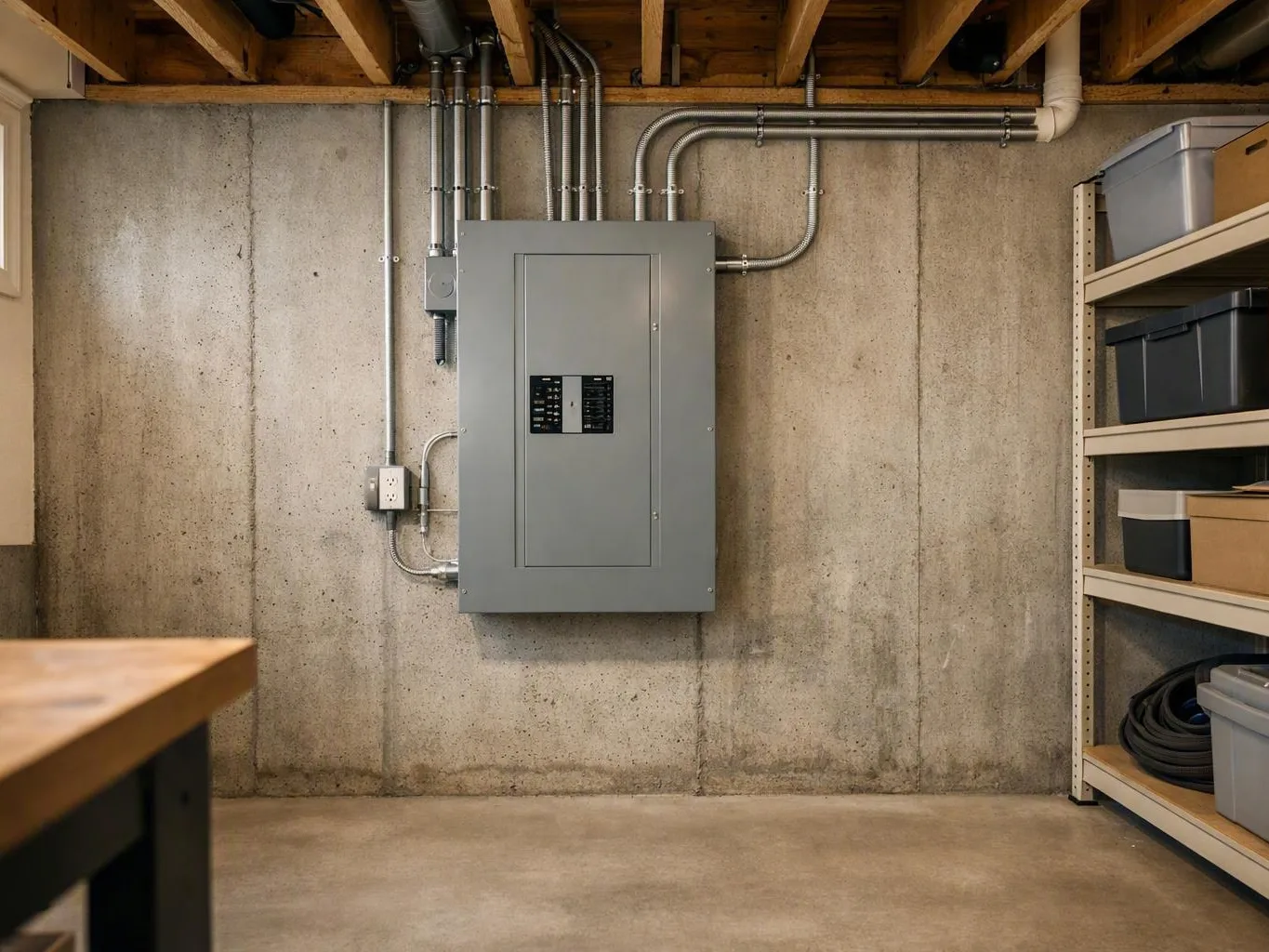 Gray basement electrical panel with conduit pipes beside storage shelves and