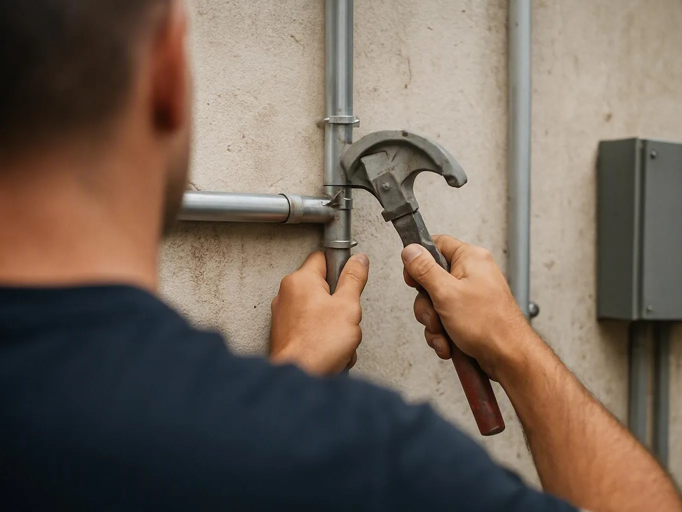 Worker tightens a metal conduit fitting against a wall using a hammer and hand tool