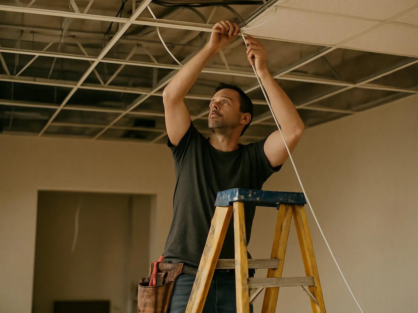 Electrician installs ceiling wiring from a step ladder beneath exposed grid panels