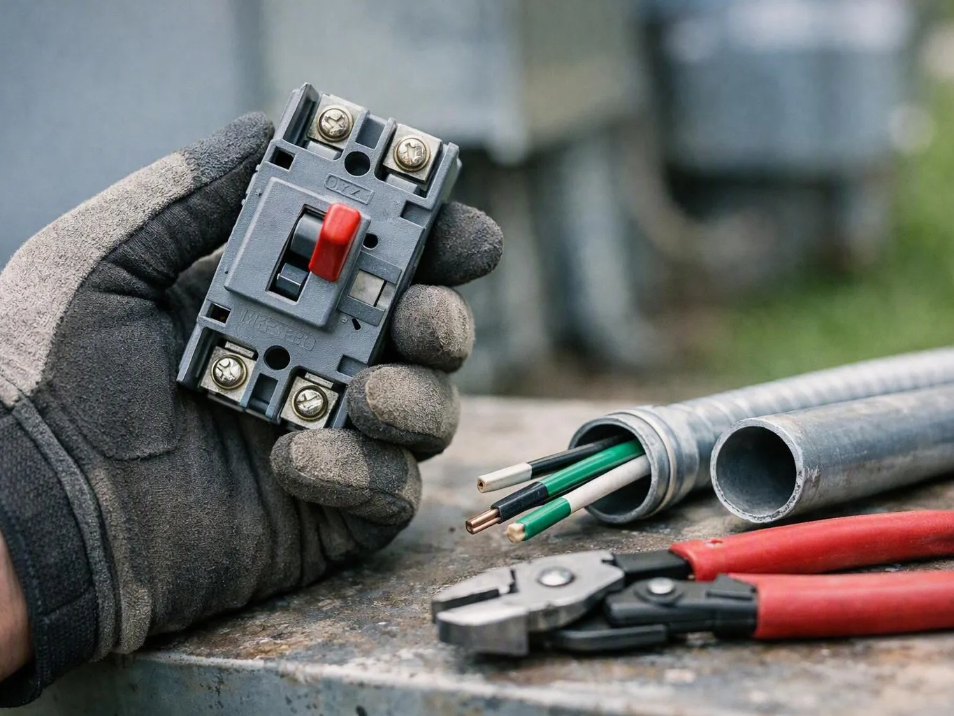 Gloved hand holding an electrical switch beside exposed wires, metal conduit