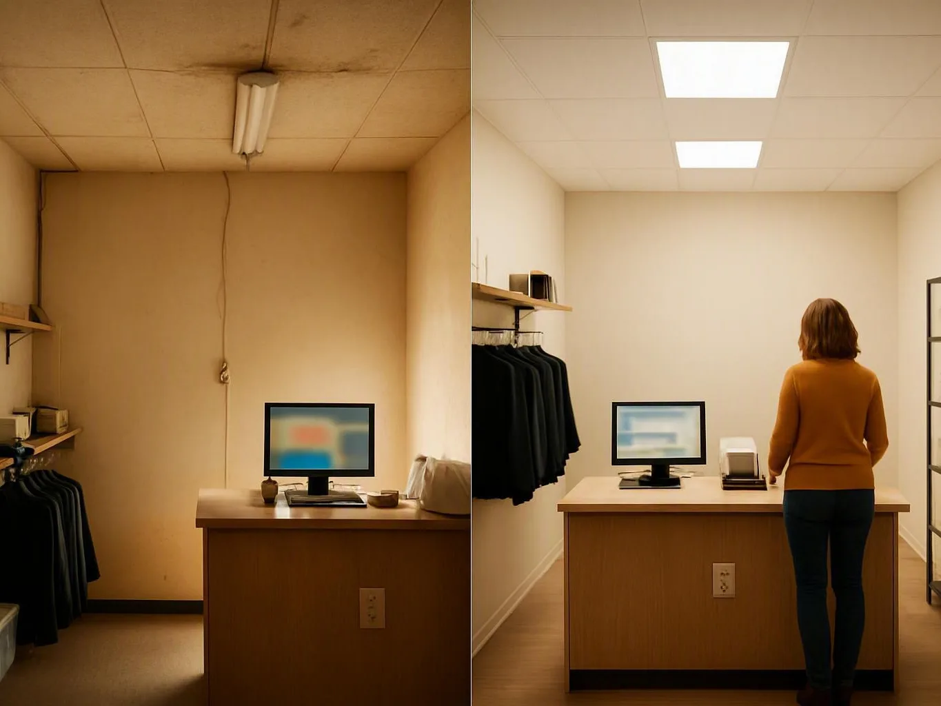 Split-screen retail shop showing a dark cluttered room beside a brighter