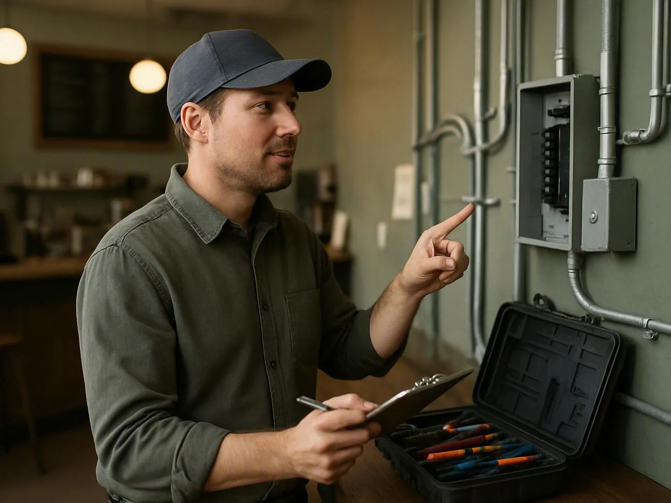 Man pointing at an electrical panel while holding a clipboard and tool case