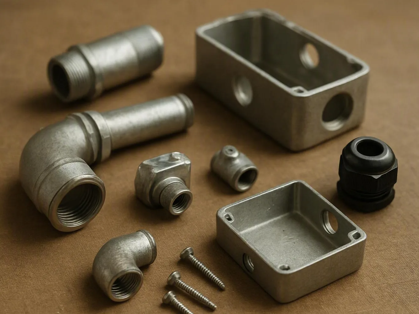 Metal pipe fittings, screws, housing, and black connector arranged on a brown — What Should I Document Before the First Wi...