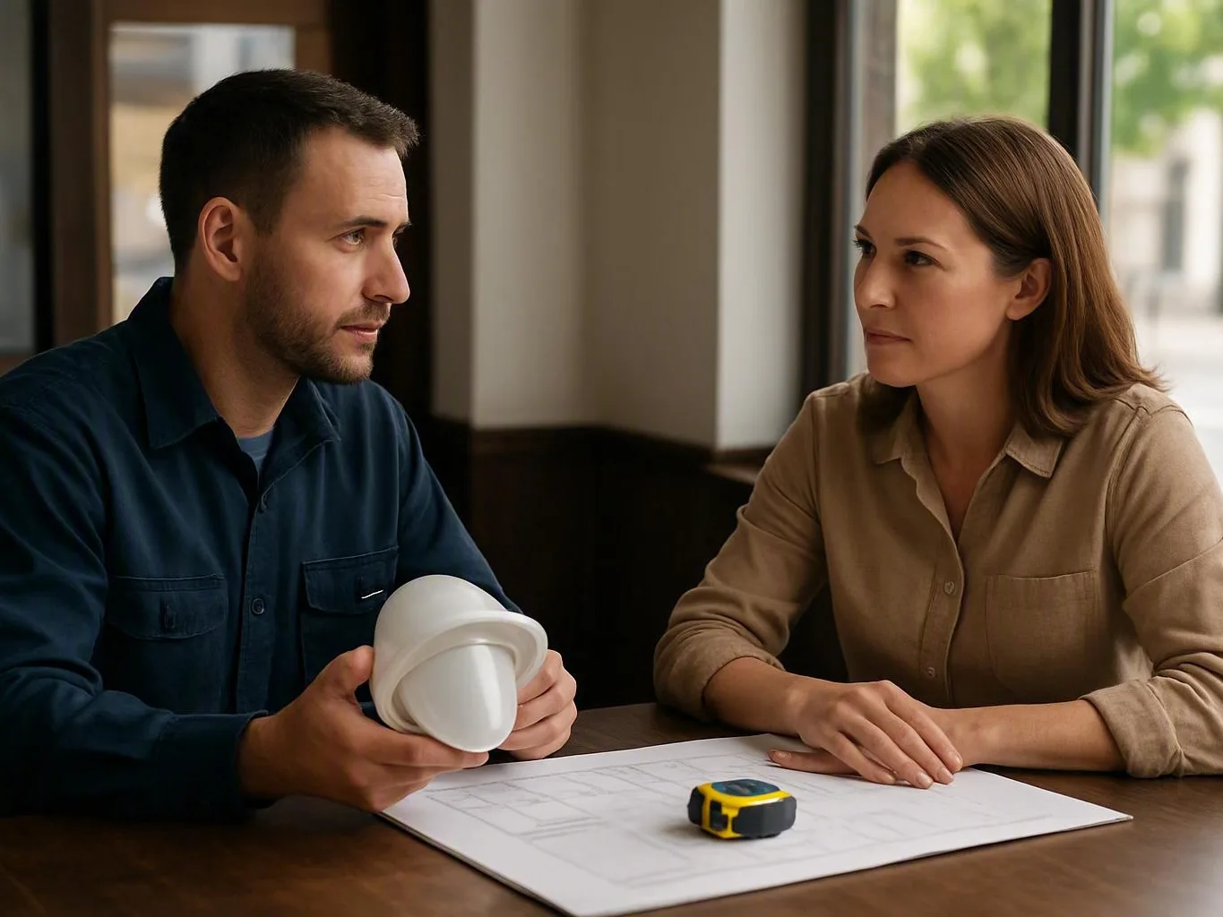 Man and woman reviewing a floor plan while holding a white model part in a