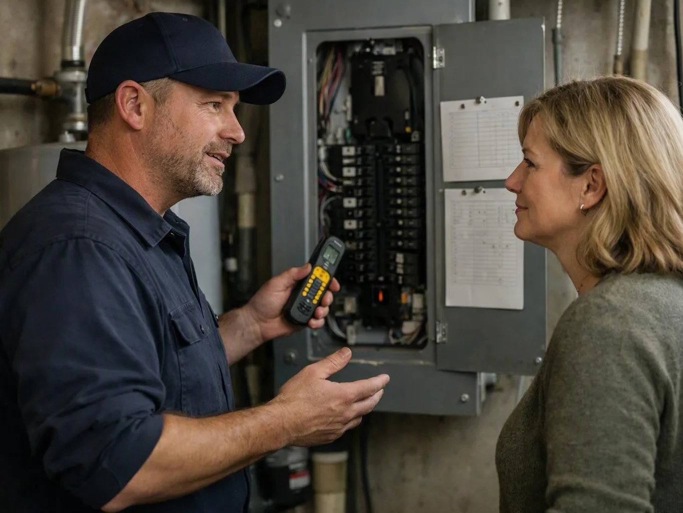 Technician explains an open electrical panel to a woman inside a home